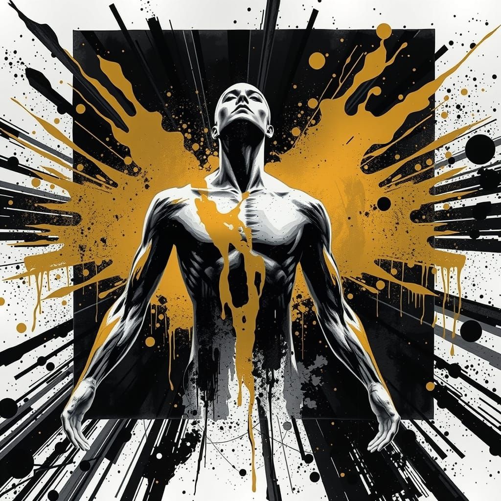 Surreal Ink Drawing of Humanoid Breaking Free from Golden Gr...