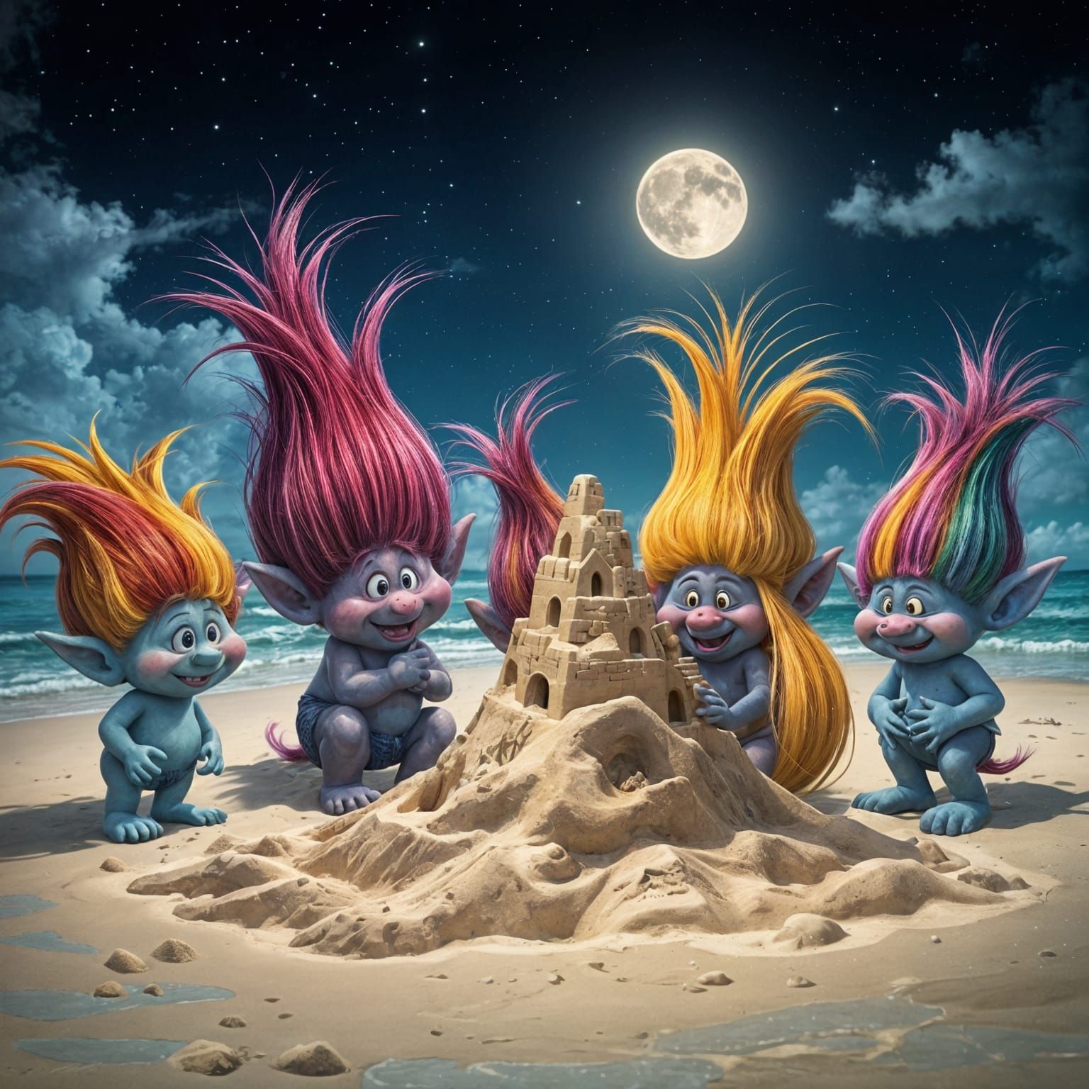 Rainbow Trolls Build Sandcastle on Moonlit Beach