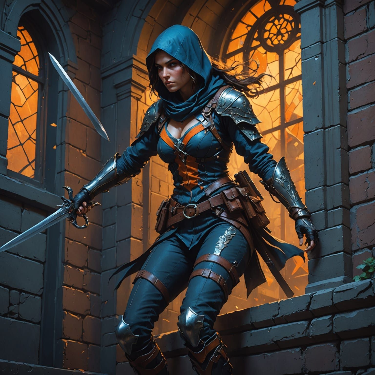 Assassin Ascends Wall in Dynamic Concept Art Style