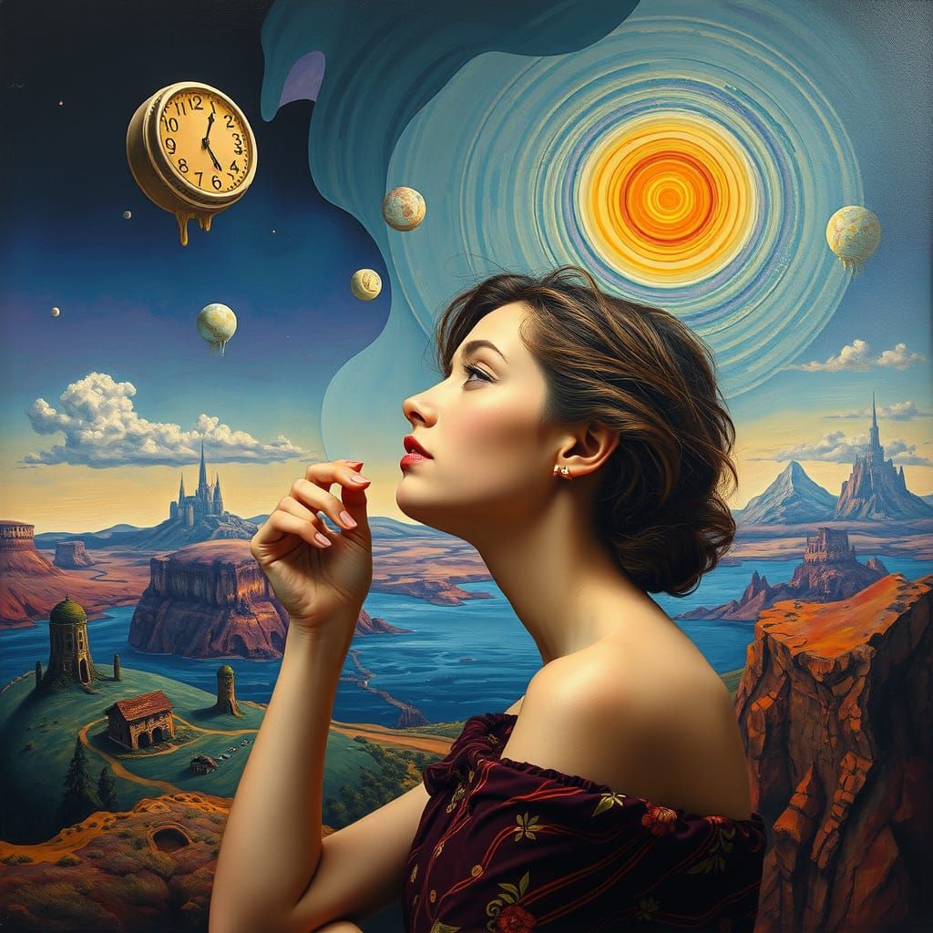 Surrealist Woman Lost in a Dreamlike Landscape