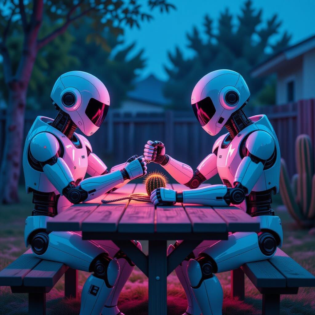 Neon Cyberpunk Robots Arm Wrestling