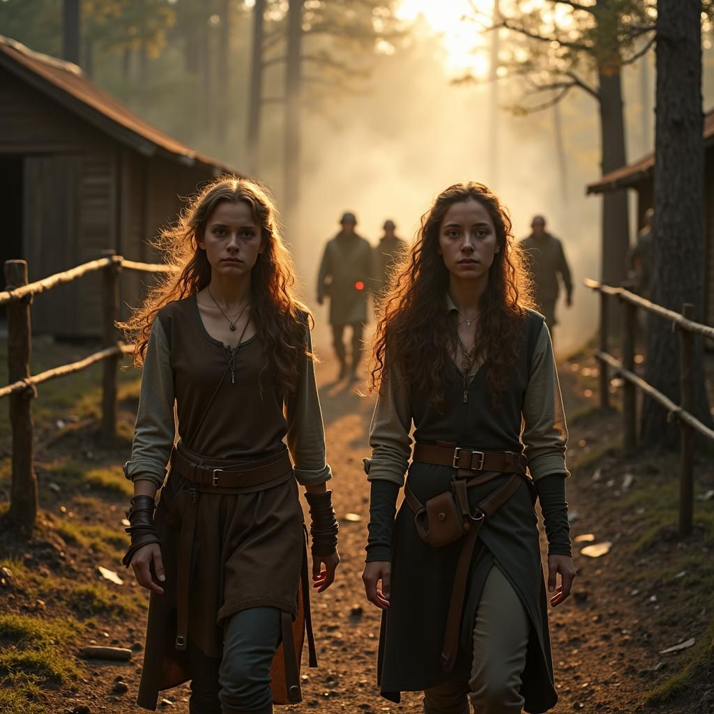 Woodcutters Camp Scene with Two Young Women