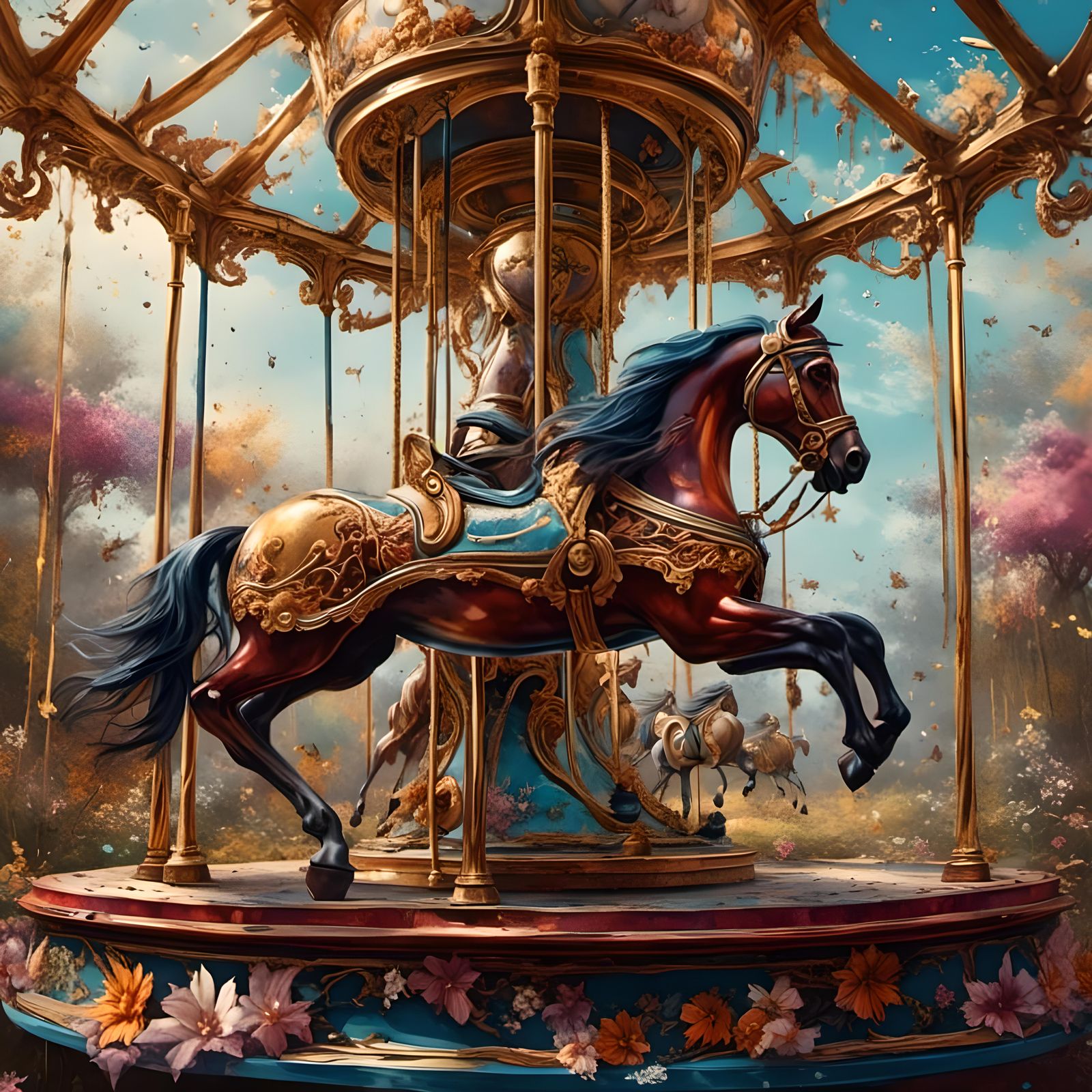 Ornate Carousel with Crystal Clock in Oil Painting