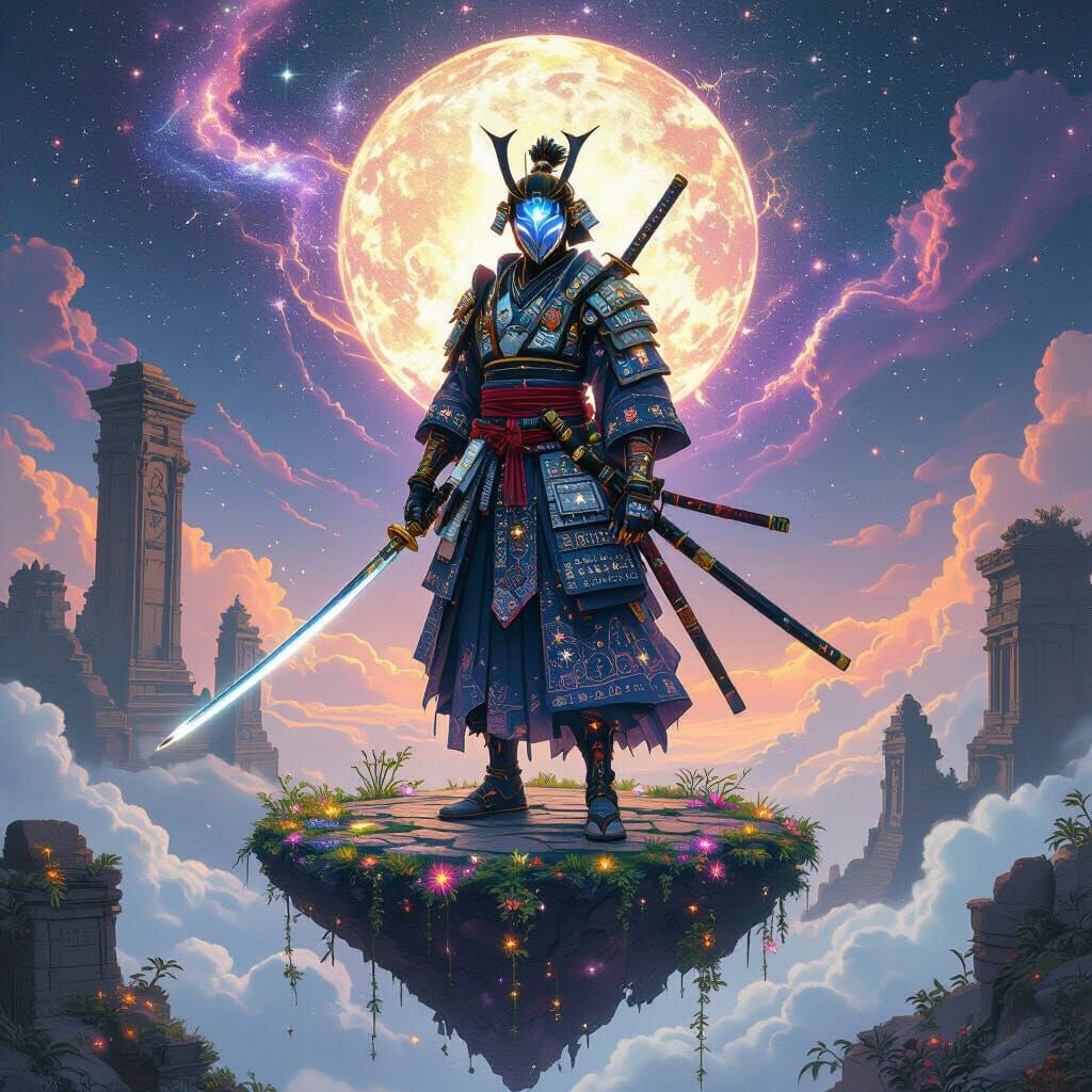Celestial Samurai on Floating Island in Digital Art Style