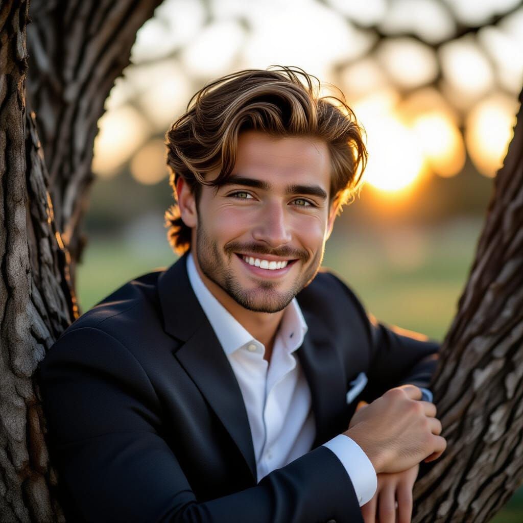 Stylish Man in Designer Suit Smiles in Morning Sun