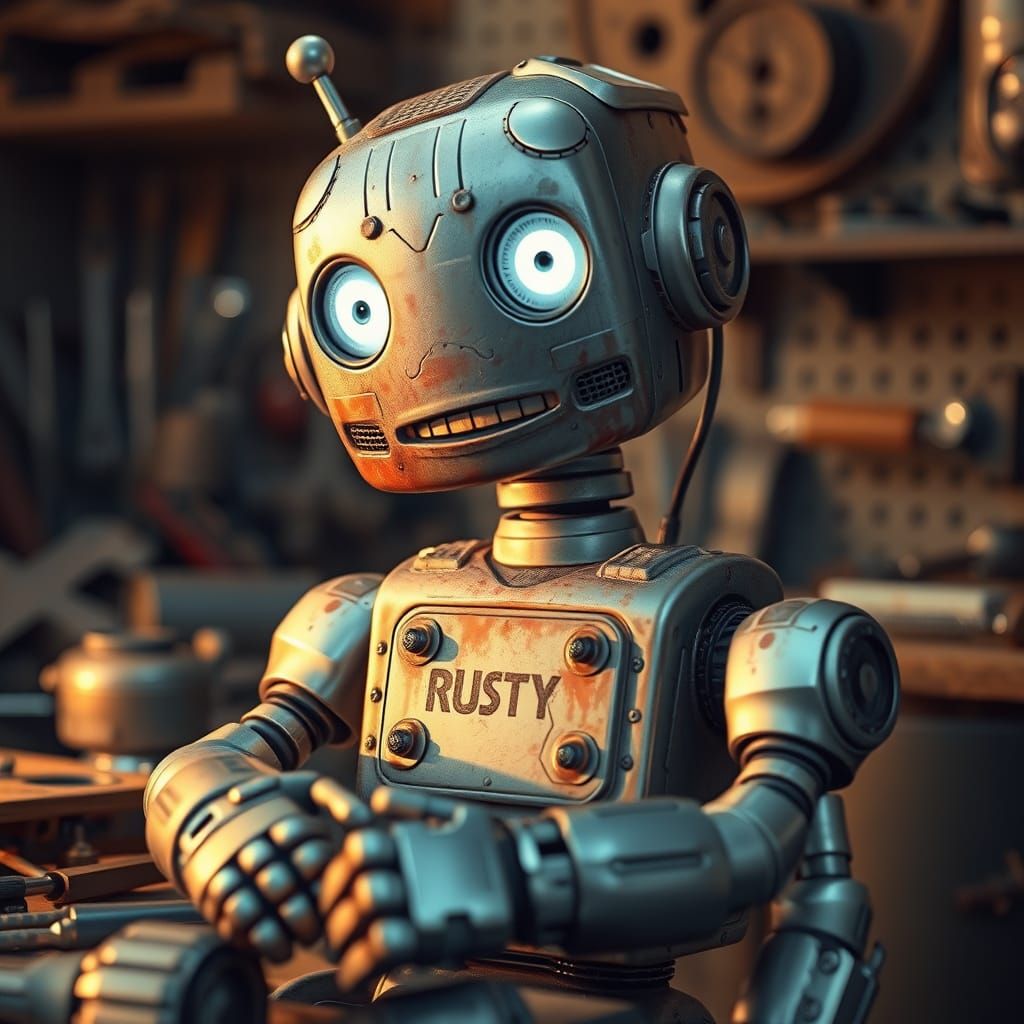 Photorealistic Portrait of Friendly Robot Rusty in Workshop