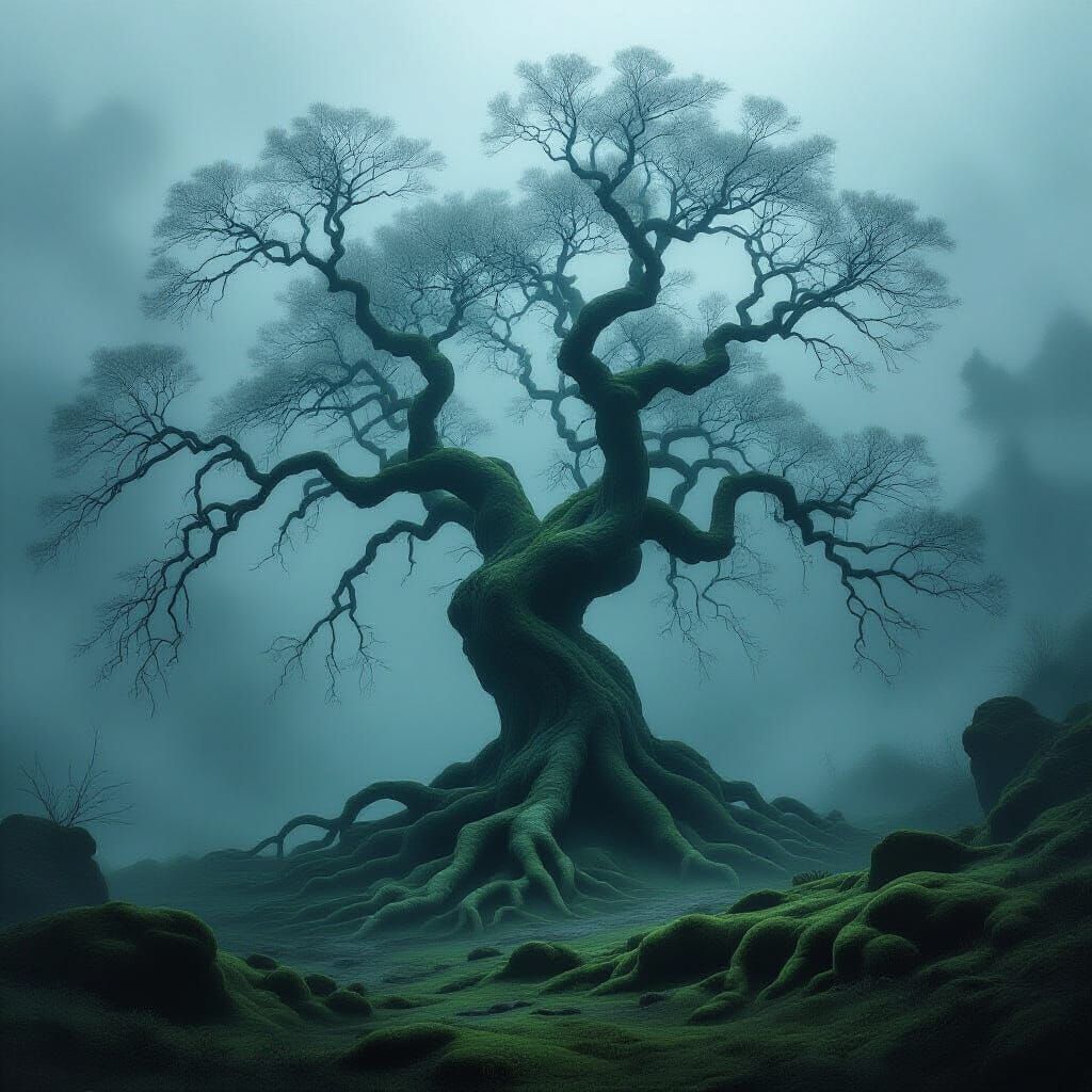 Ancient Tree in Ethereal Fog Forest - Dark Fantasy Art