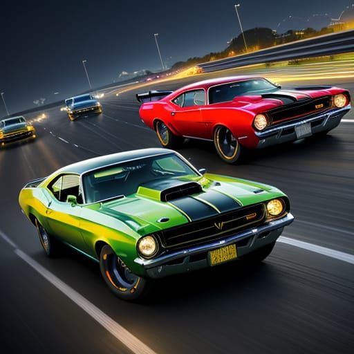 Classic Muscle Cars Speed Down Highway In Splash Art Style