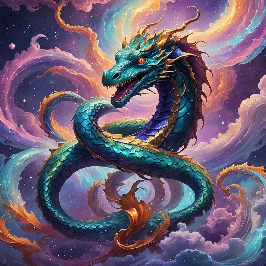 Iridescent Sea Serpent in Cosmic Dreamscape