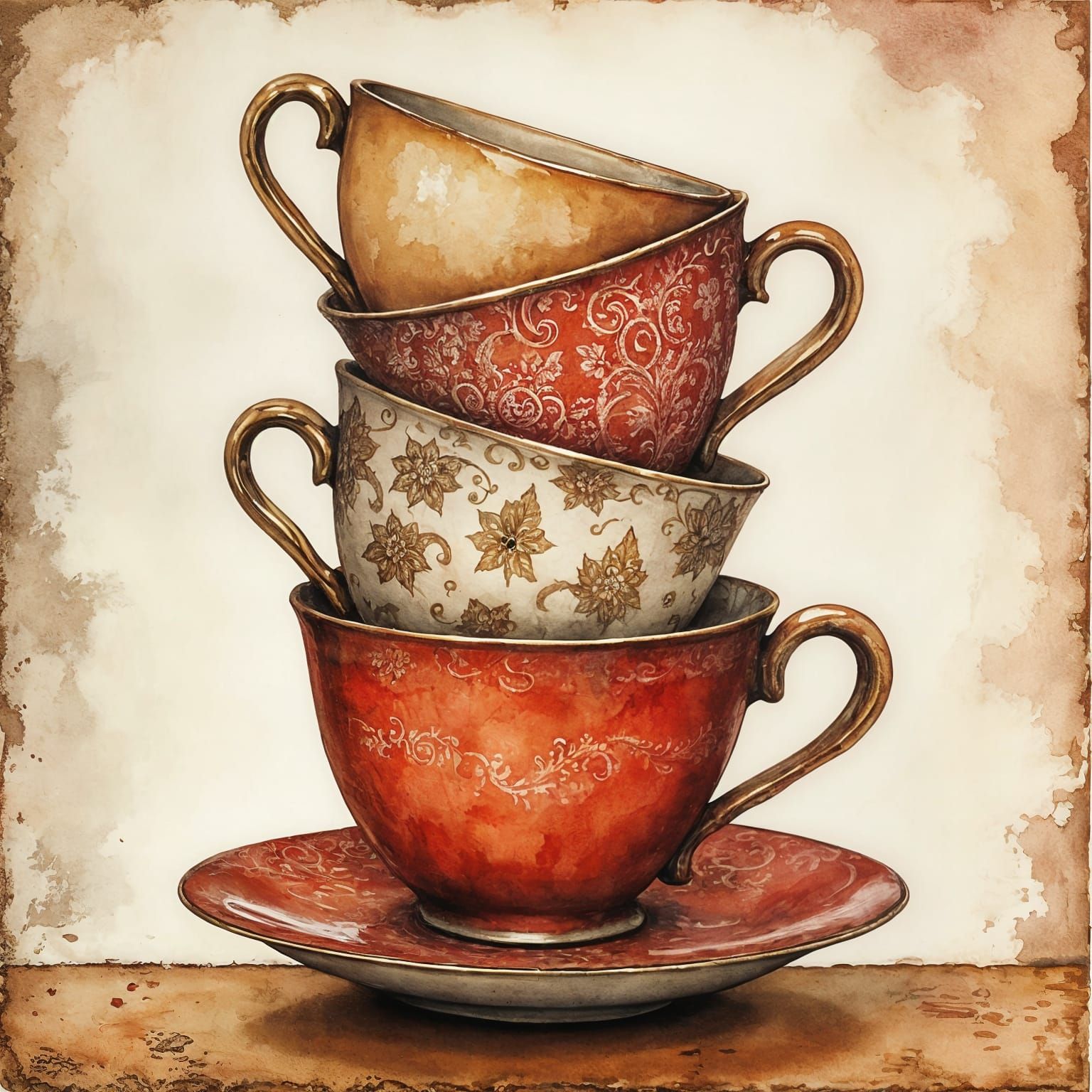 Watercolor Fantasy Teacups in Neo-Impressionist Style