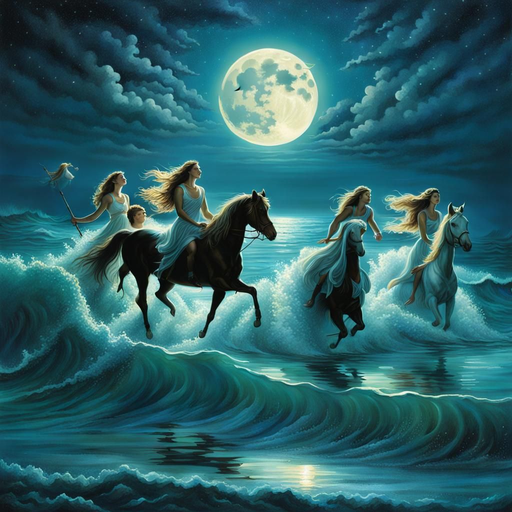 Goddess Emerges from Ocean with Mermaid Cavalry