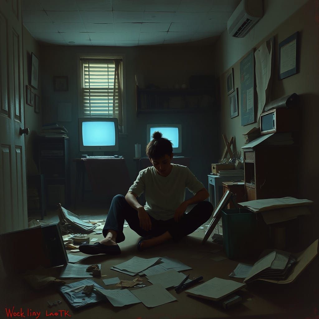 Isolated Figure in a Dimly Lit Cluttered Room