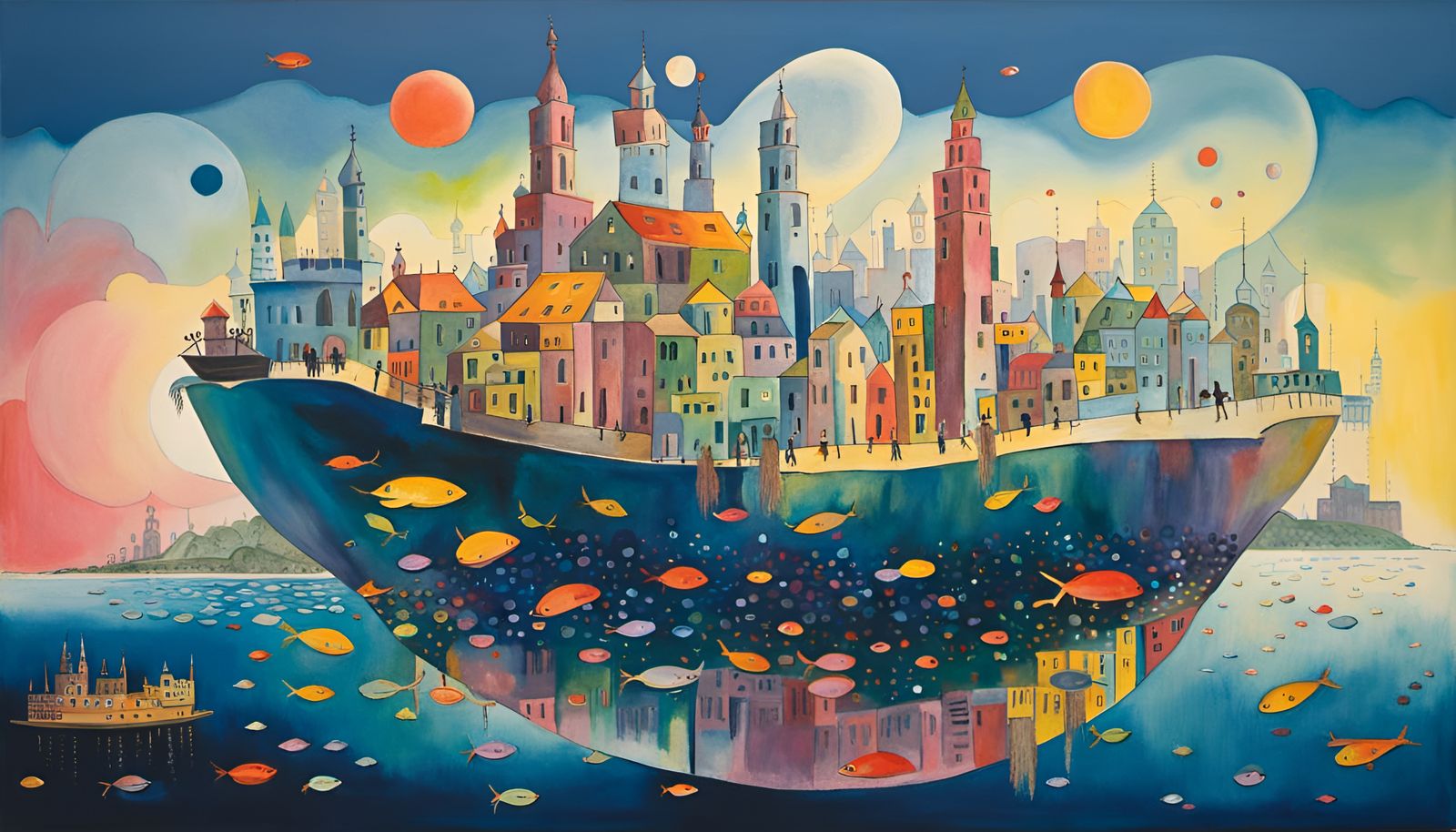 Floating City Panorama in Watercolor Gouache Style