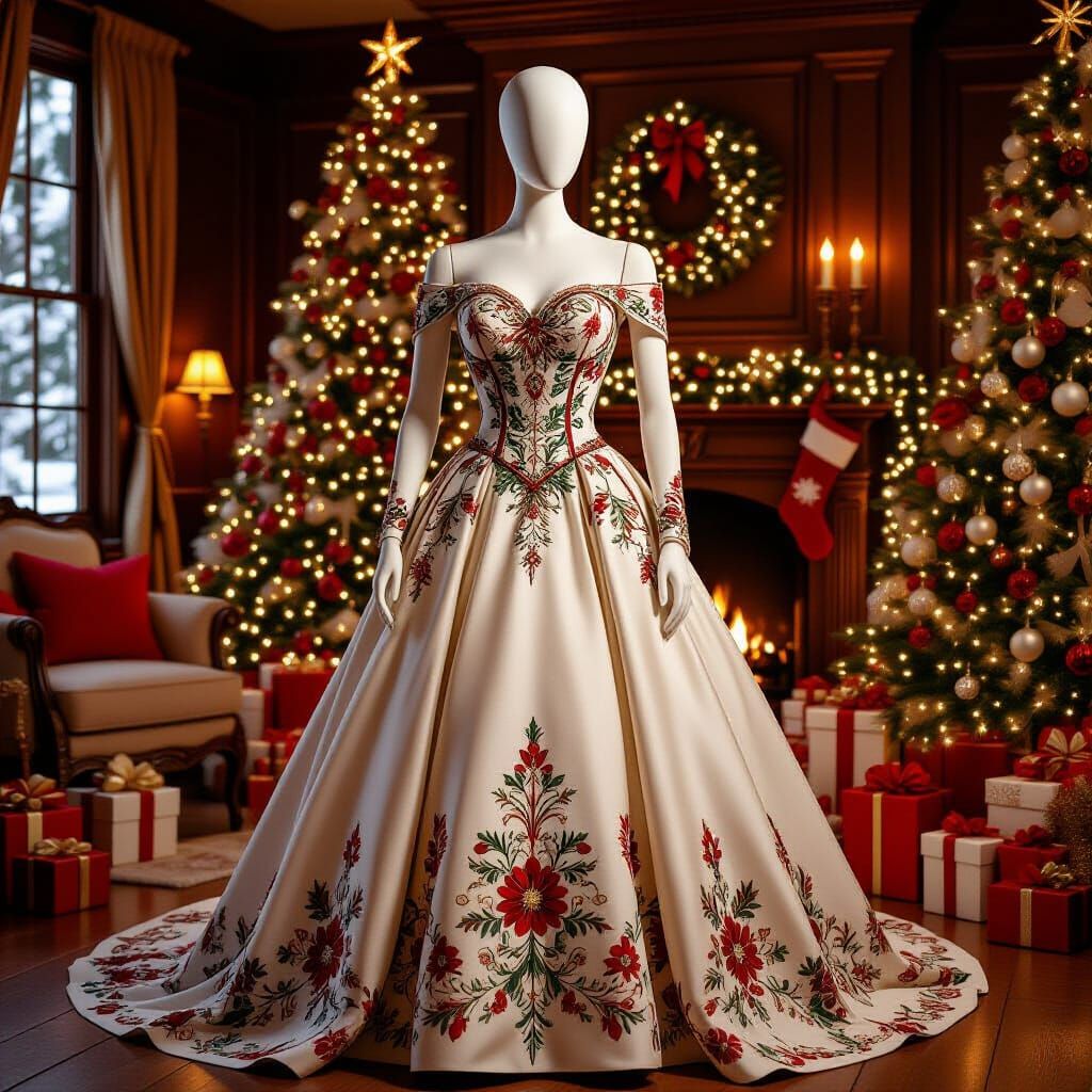 Elegant Mannequin in Christmas Gown with Gold Embroidery
