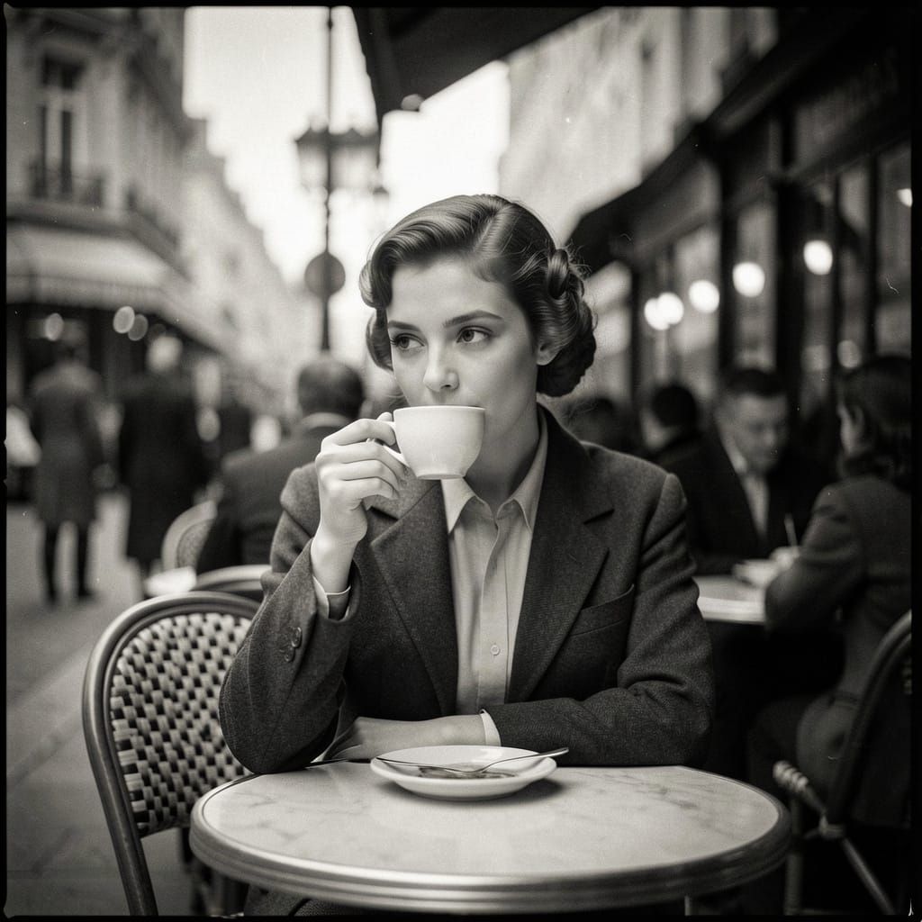 1940s Parisian Cafe Scene: Vintage Lady with Coffee