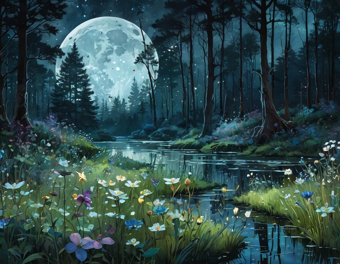 Moonlit Meadow: A Watercolor Fantasy in Spring