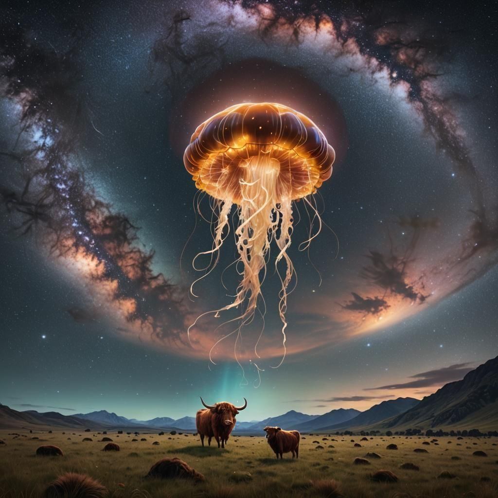 Giant Jellyfish Over Ranch in Fantasy Concept Art