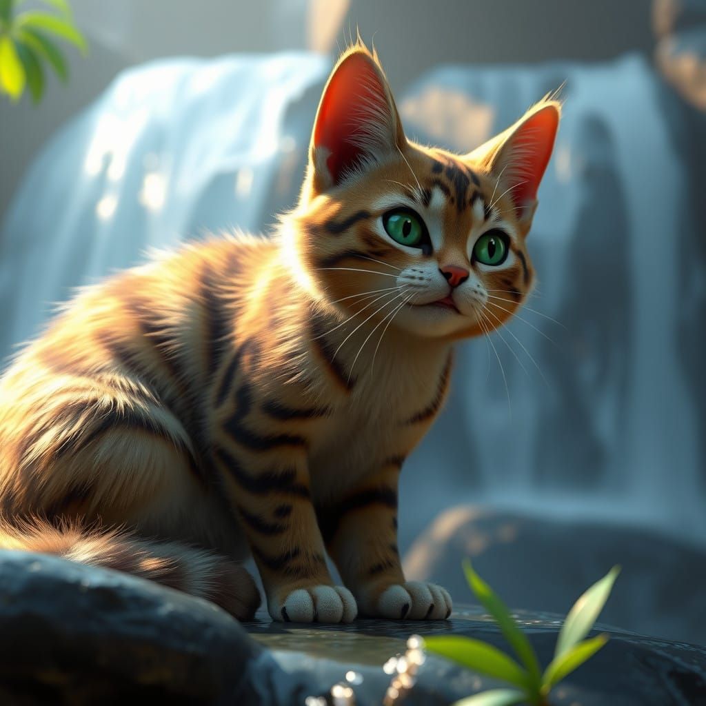 Surreal 3D Cat Amidst a Cascading Waterfall