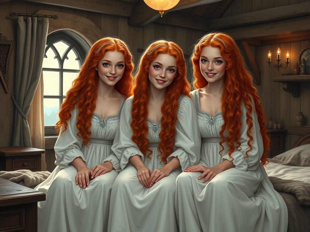 Medieval Sisters in Cozy Cottage Setting, Softly Illuminated...