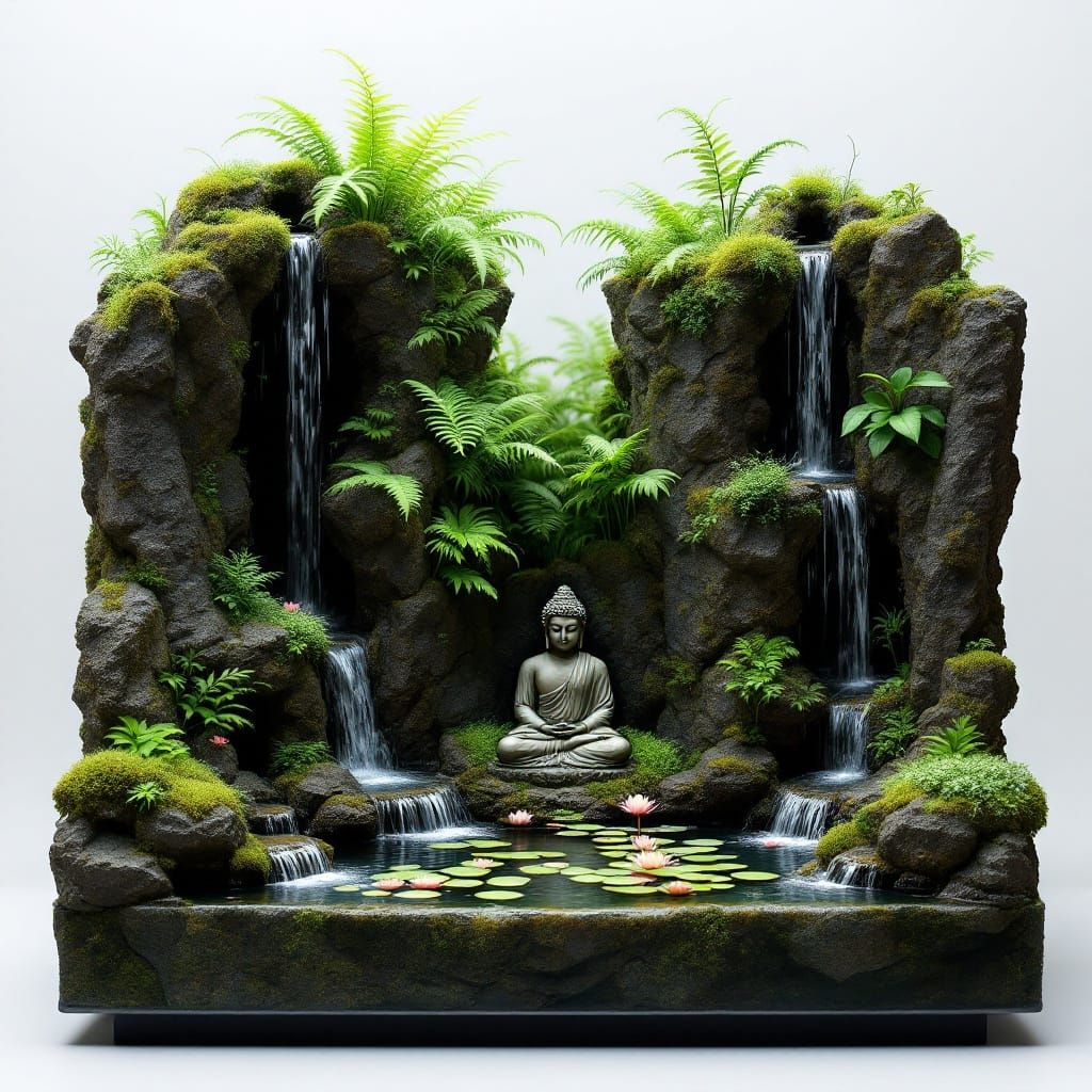 Ethereal Waterfalls and Lush Ferns in a Serene Amphibious Oa...