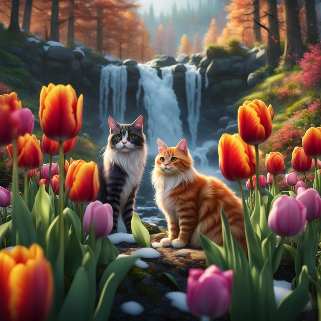 Multicolored Tulip Cats in Forest with Waterfall