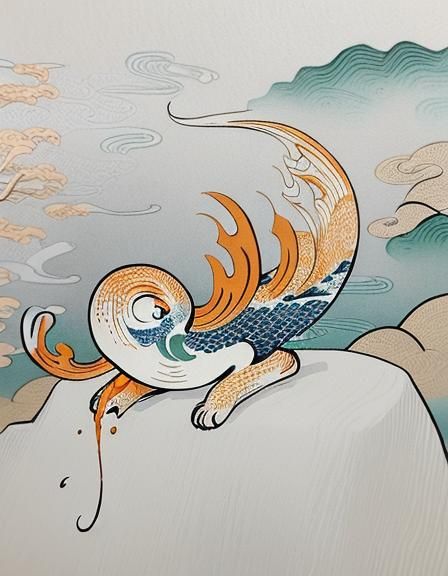 Orange Cat Relaxing in Hot Spring, Ukiyo-e Style