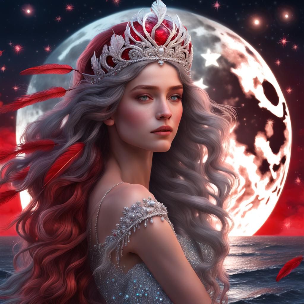 Hyperrealistic Mermaid with Ruby Feathers and Silver Dress