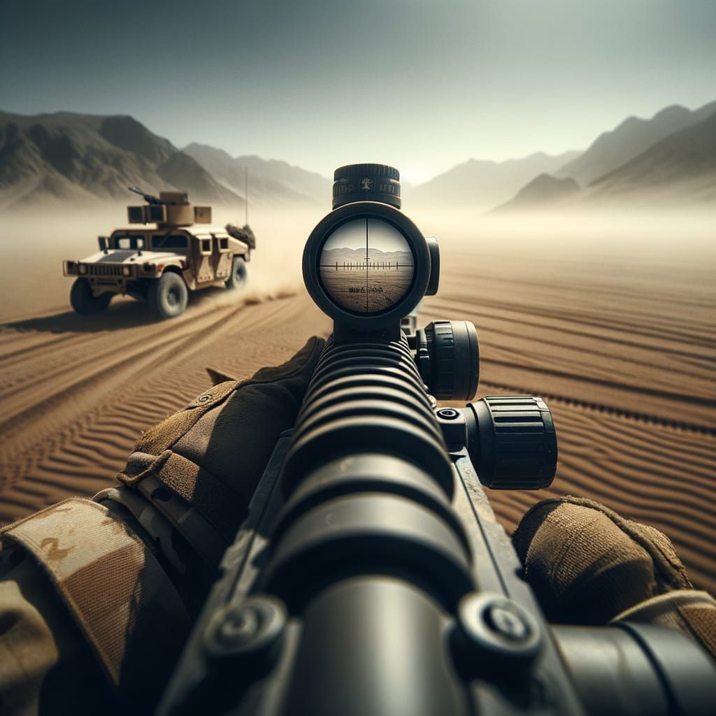 Desert Sniper Scope View of Abandoned Vehicle