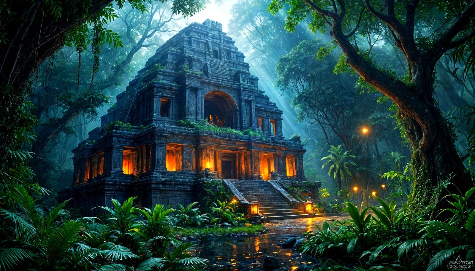 Mysterious Mayan Temple in Misty Jungle