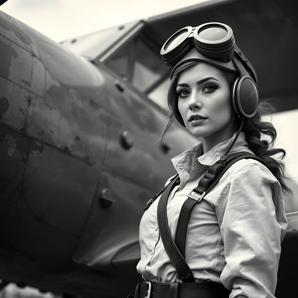Steampunk Female Pilot Next to Vintage Propeller Plane