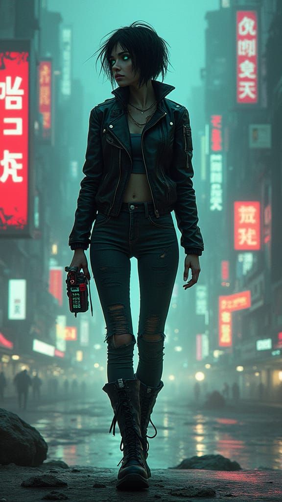 Cyberpunk Woman in Neon Cityscape