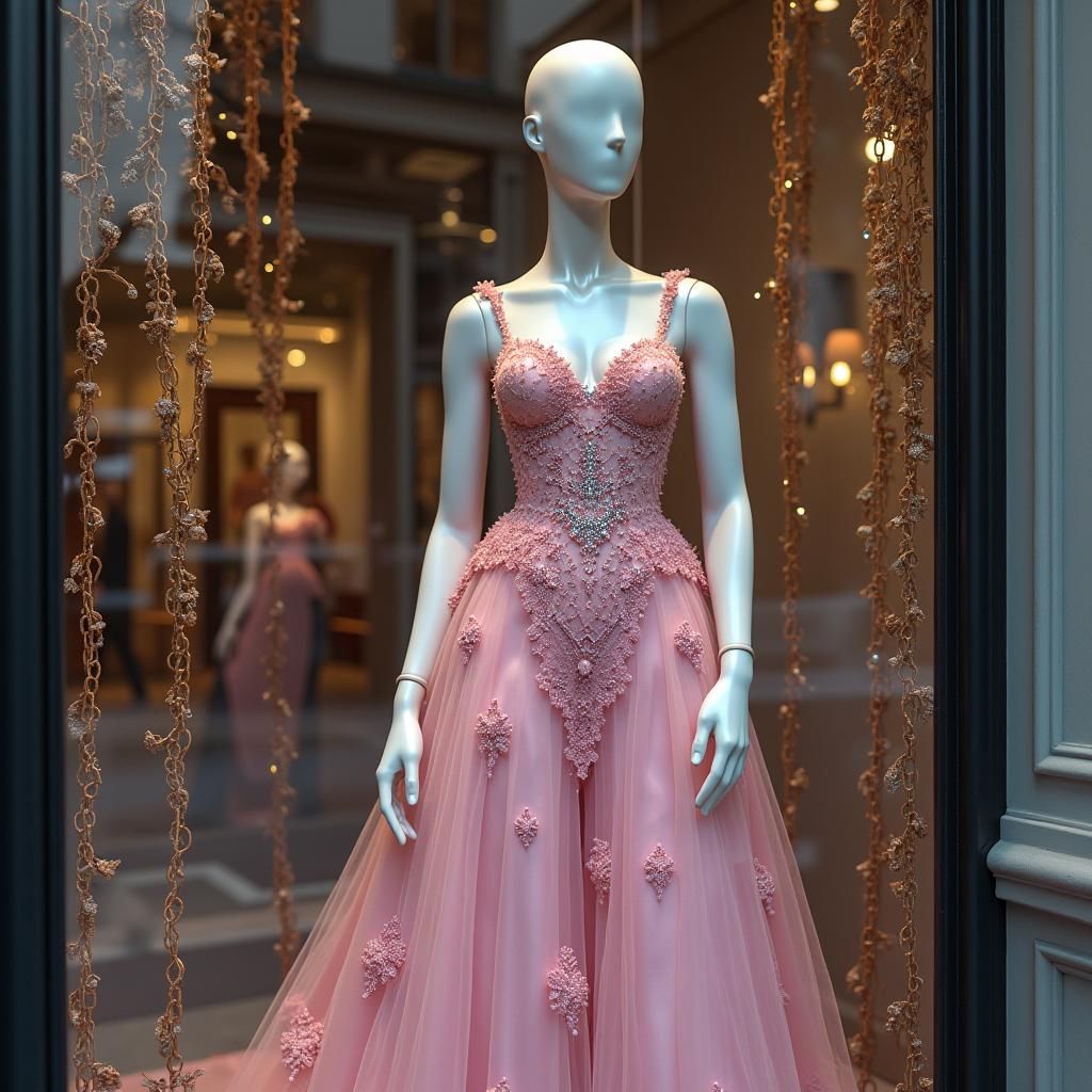 Mannequin in Pink Frock Displayed in London Window