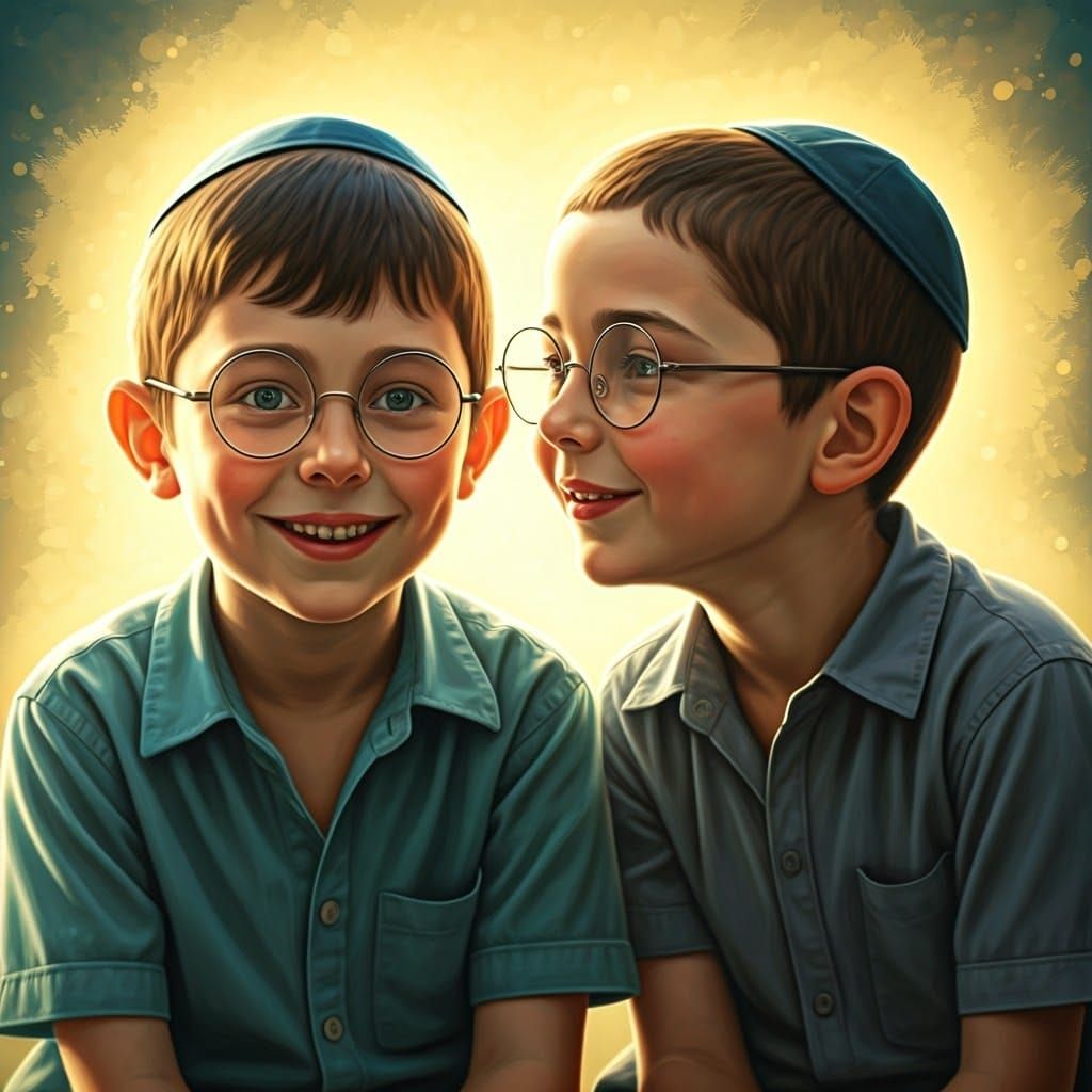 Young Haredi Boy Shares Secret with Friend in Warm, Sunny Sc...