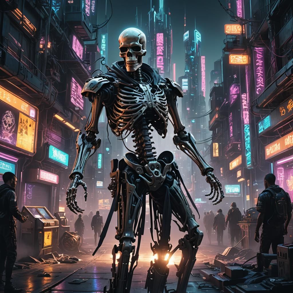 Cyberpunk Skeleton Wizard Casting Spell in Cityscape