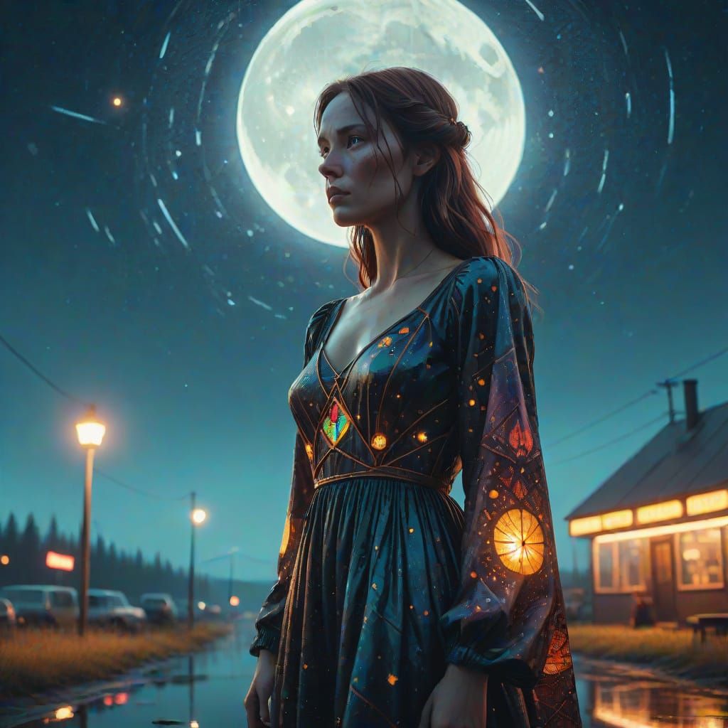 Enigmatic Woman in Starry Night