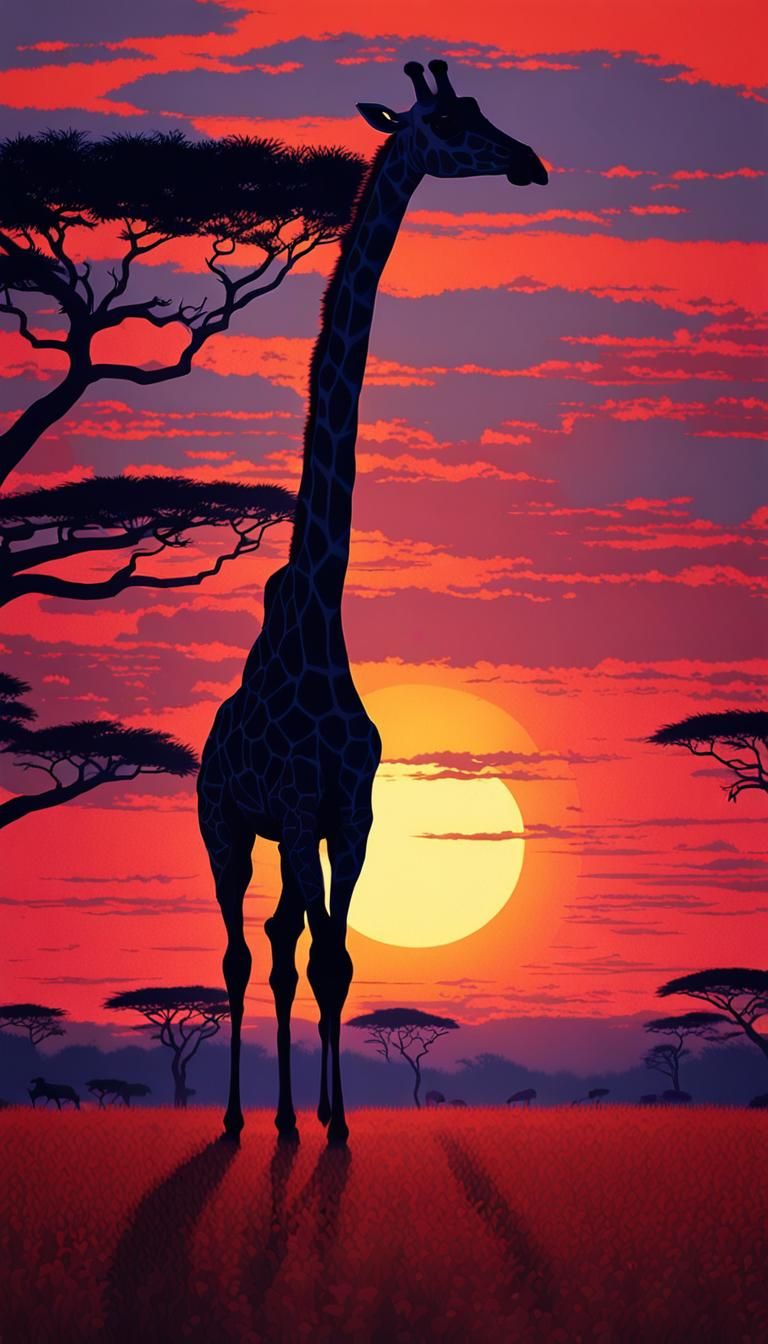 Majestic Giraffe at Sunset in African Savanna Landscape