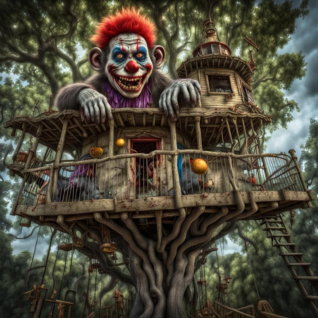 Hyperrealistic Zombie Monkey Clown Treehouse