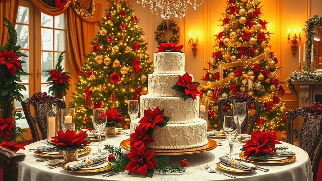 Winter Wonderland Christmas Scene with Poinsettia Flowers