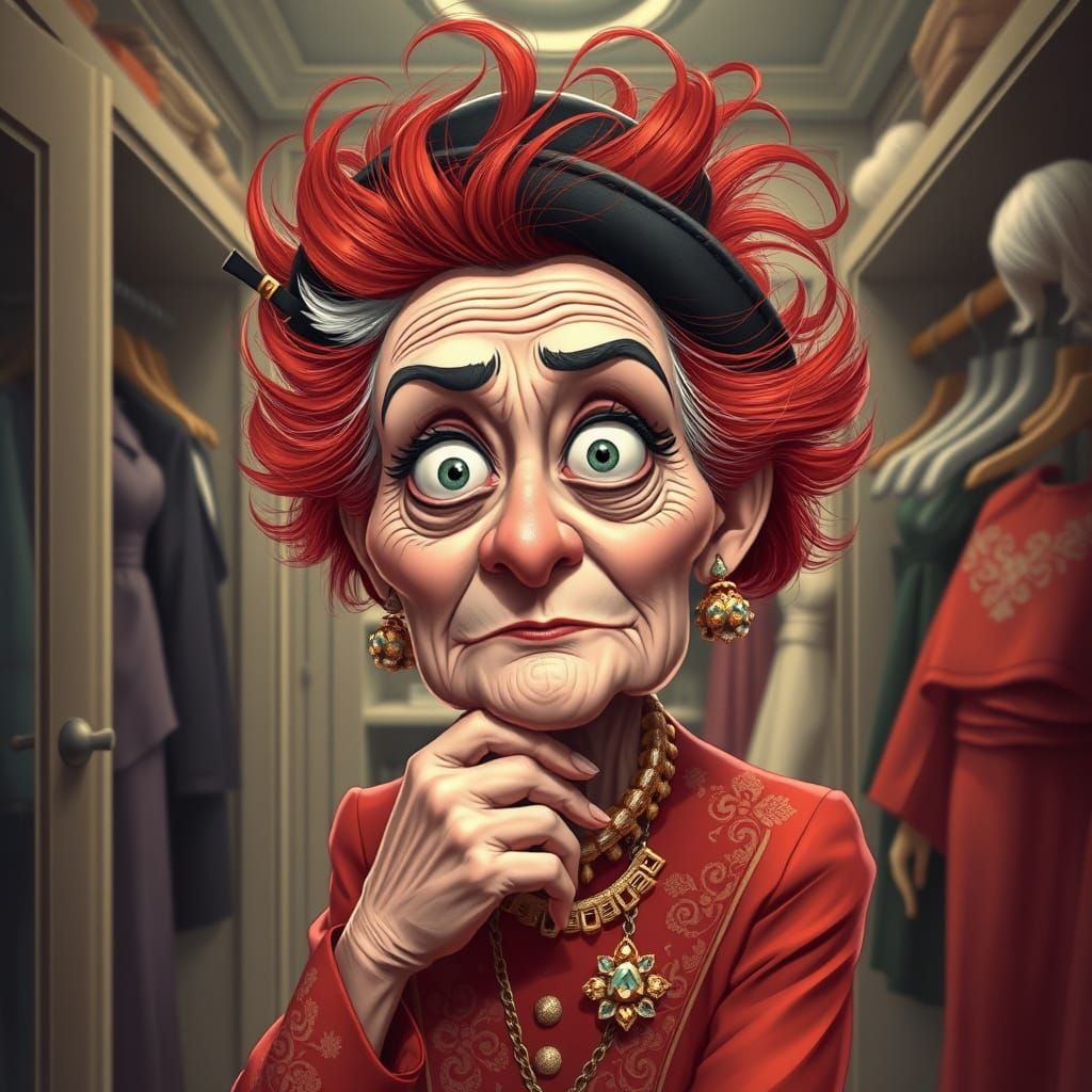 Comical Elderly Woman with Wrinkled Face in Painterly Style