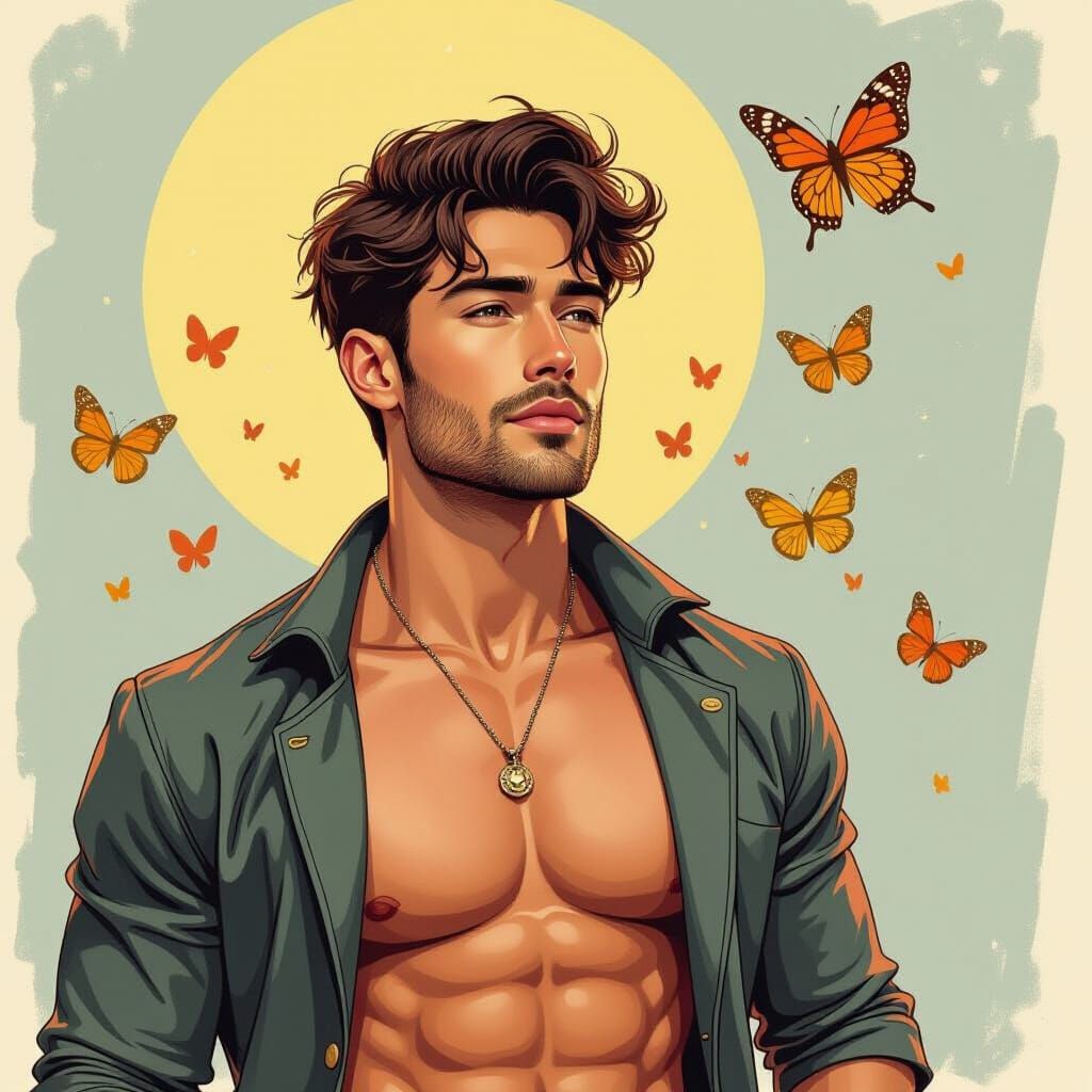Muscled Man with Butterflies in Ukiyo-e Style