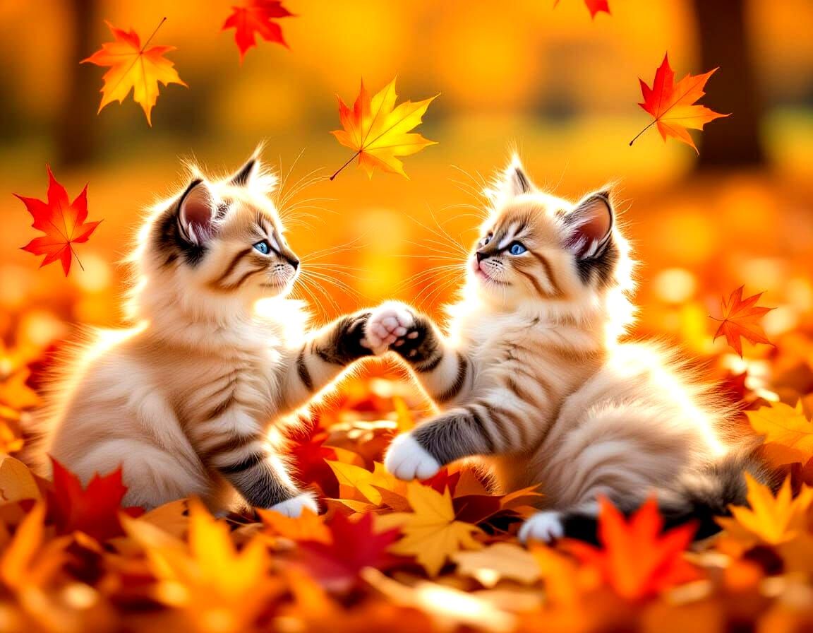 Cute Siamese Kittens Play In Autumn Leaves