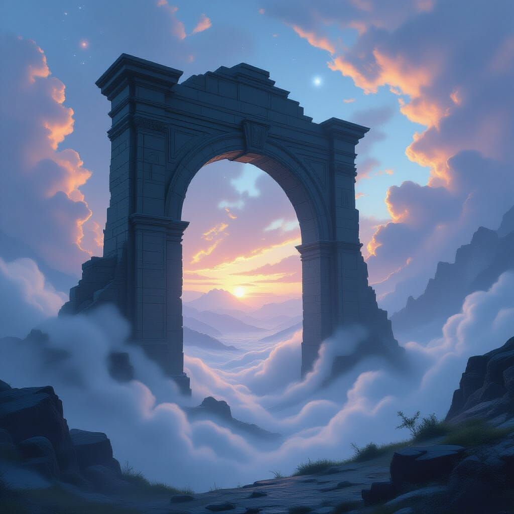 Ancient Stone Archway in Ethereal Mist with Cosmic Sky