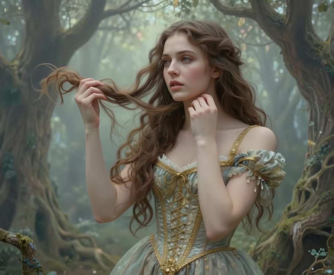 Love-Lorn Woodland Woman in Ethereal Fantasy Painting