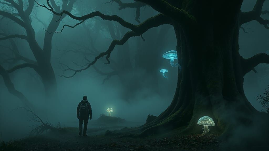 Mysterious Traveler in Foggy Forest with Ethereal Light