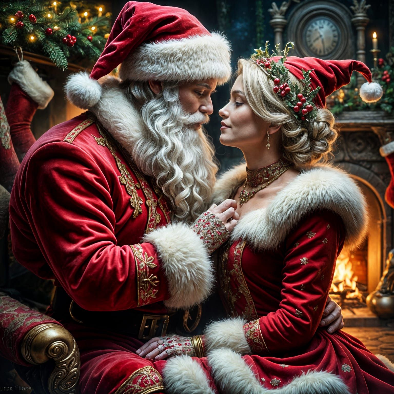 Fantasy Santa and Mrs. Claus Kissing Under Mistletoe