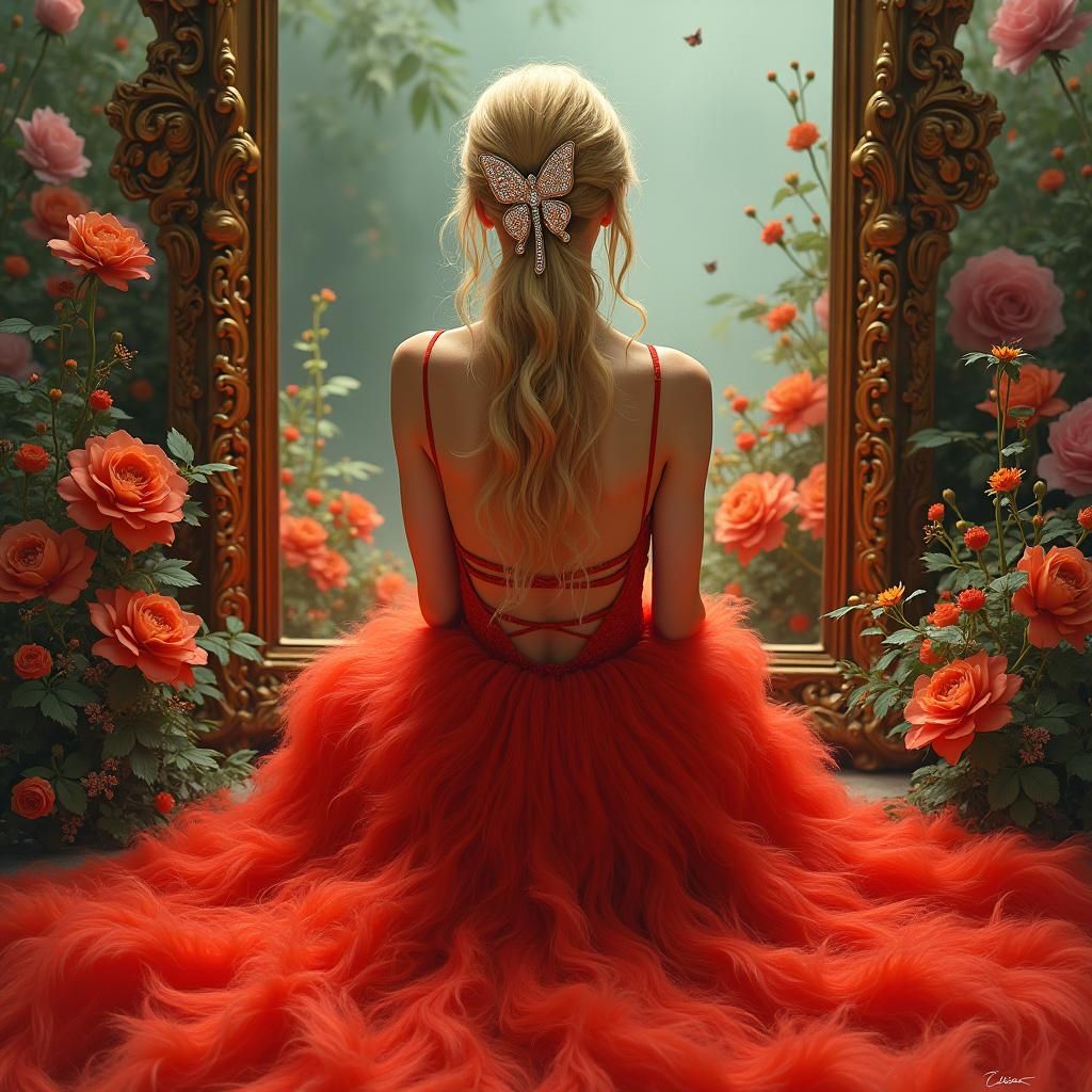 Woman in Floral Setting with Mirror, in Zhonglin Style