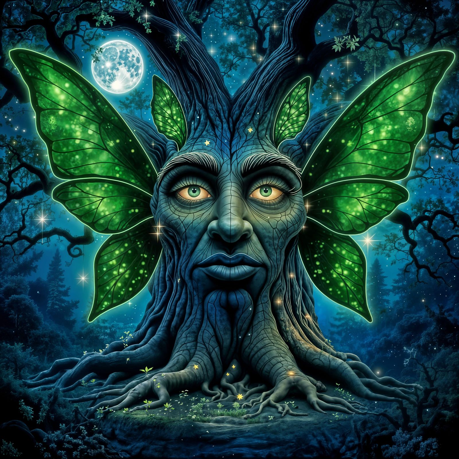 Expressive Magical Oak Tree with Fairy Wings in Enchanted Fo...