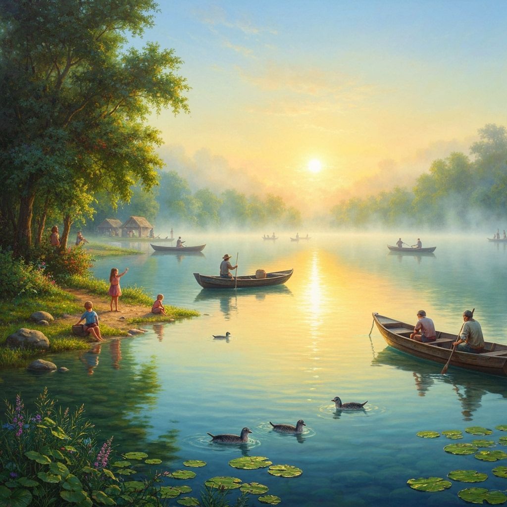 Sunrise Serenity: Lakeside Community in Golden Light