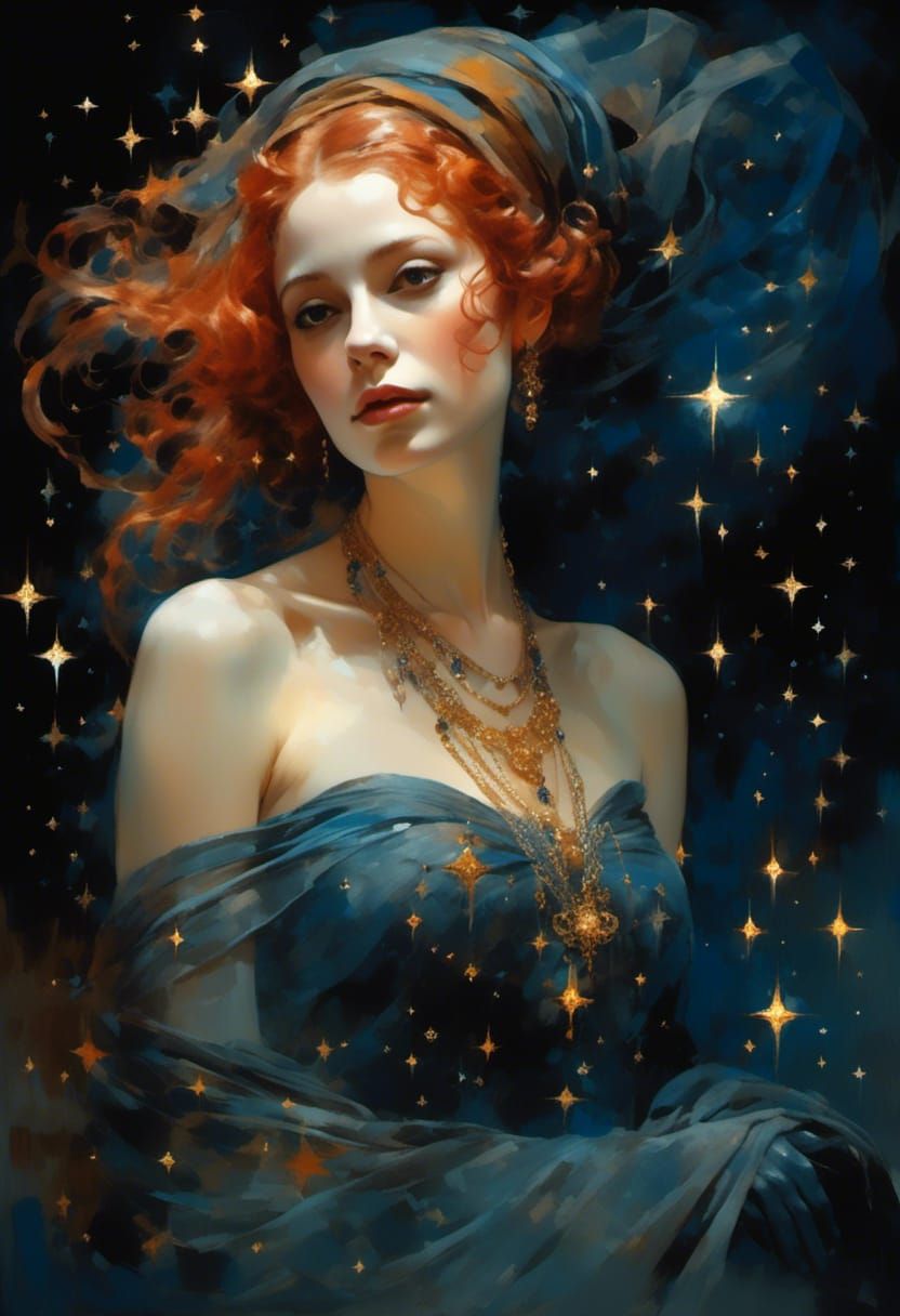 Woman in Starry Head Scarf: Hyperrealistic Fantasy Portrait