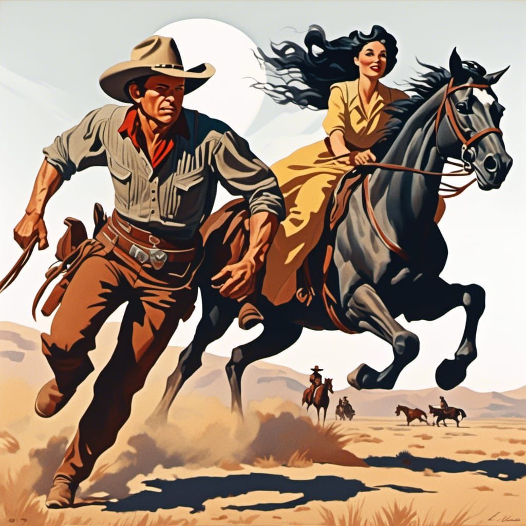 Cowboy and Woman on Horse in Art Deco Style
